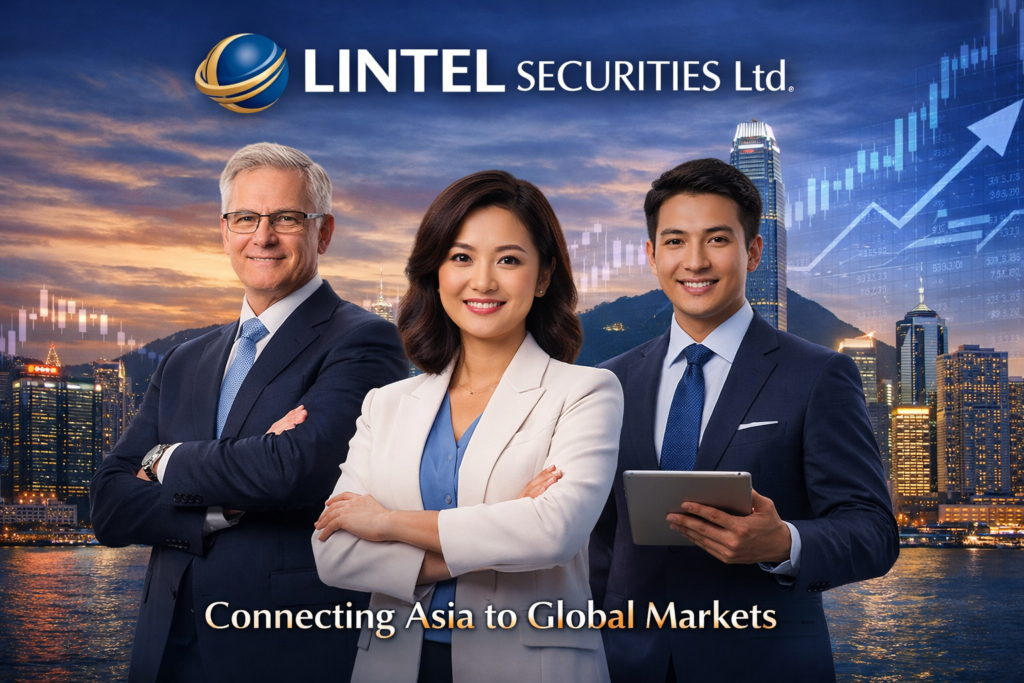 LINTEL SECURITIES Ltd 首頁形象圖，三位專業金融顧問站立於香港城市金融天際線前，背景呈現現代商業大樓與全球市場數據圖表，展現國際財富管理、跨境投資與亞洲資本市場布局形象"